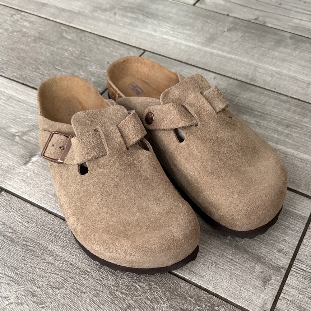 Birkenstock Suede Clog Mules in Taupe